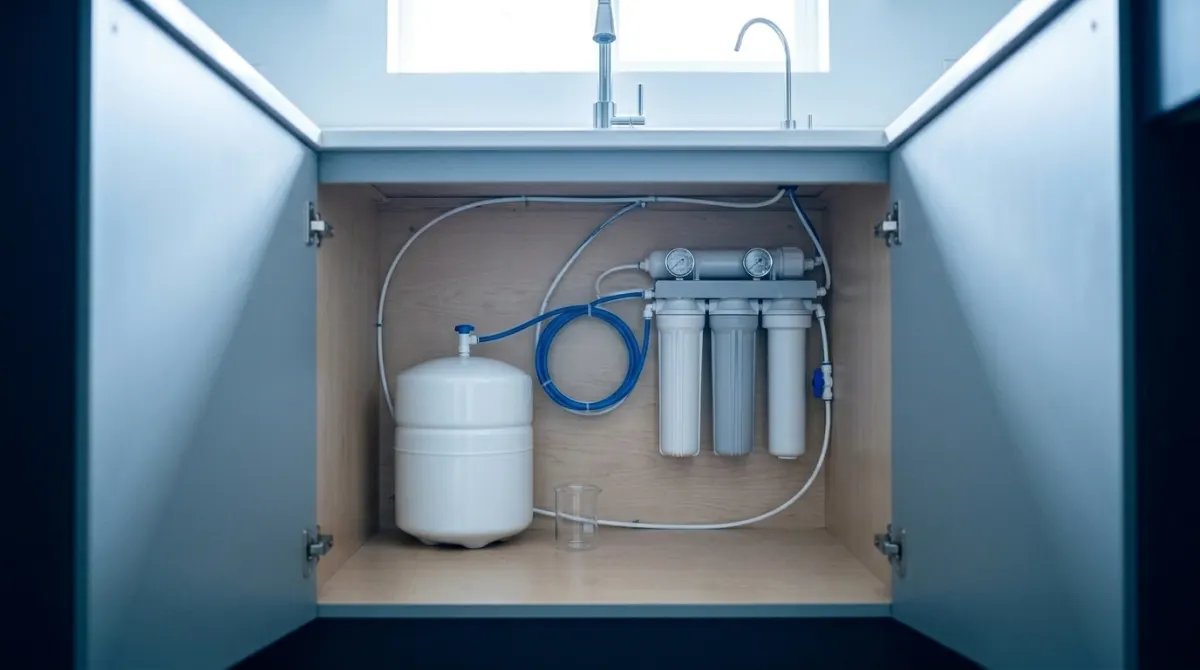 An under-sink reverse osmosis system installed inside a kitchen cabinet