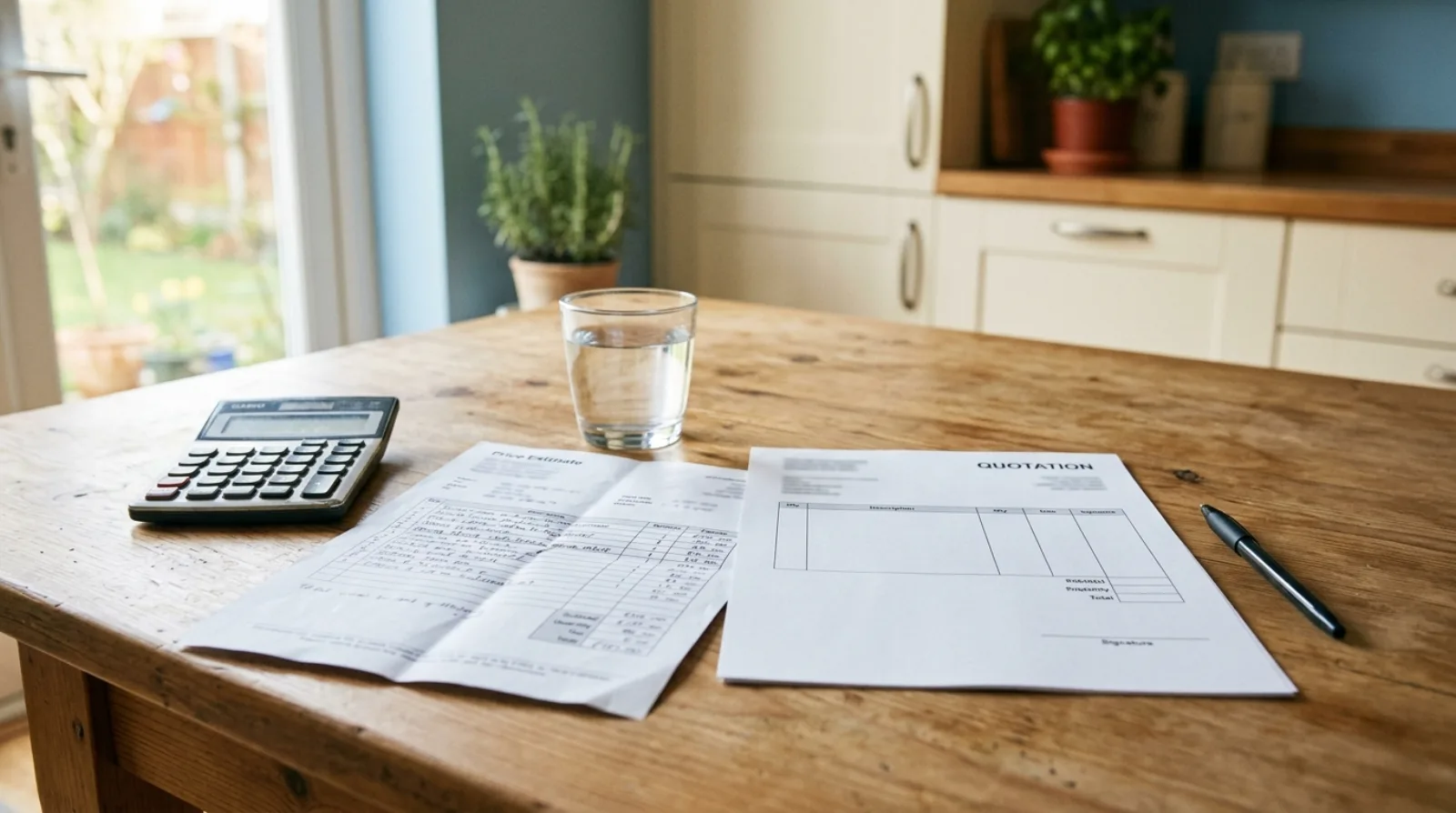 A blank printed quotation form, a folded line-item price estimate, a calculator and a glass of water on a kitchen table