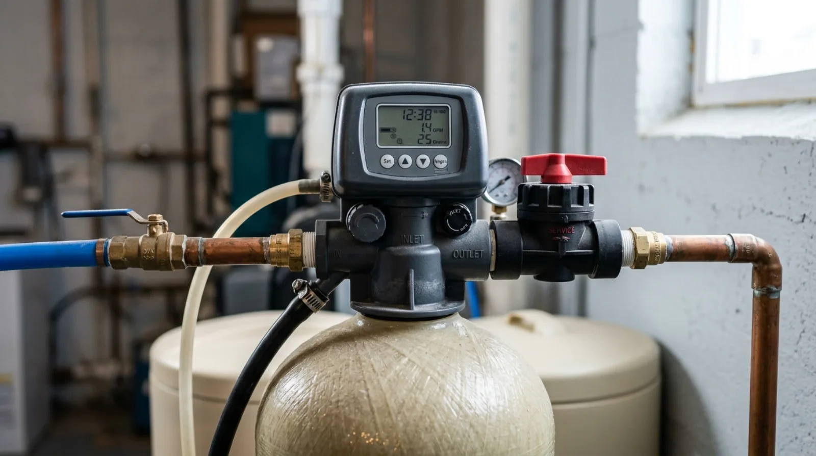 A metered control valve head mounted on top of a water softener resin tank with plumbing connections