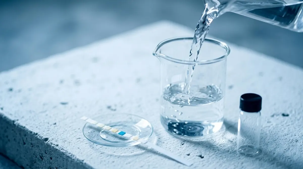 Water being poured into a lab beaker next to a test strip for water quality analysis