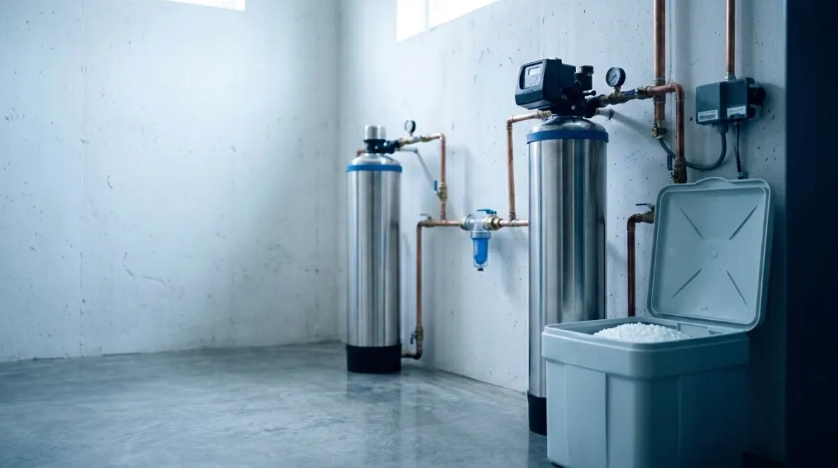 A water softener resin tank beside a brine tank filled with salt pellets