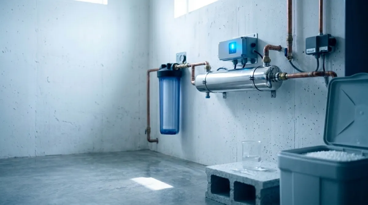 A stainless ultraviolet steriliser mounted on a basement wall with a glowing indicator light