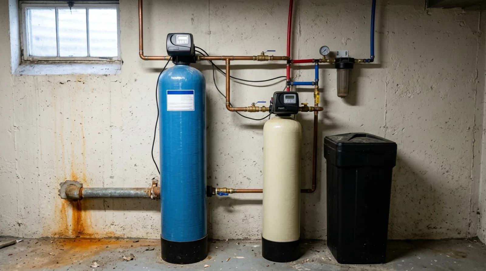 A blue air-injection iron filter tank plumbed ahead of a water softener and black brine tank in a basement, with rust staining on the old galvanized pipe beside them