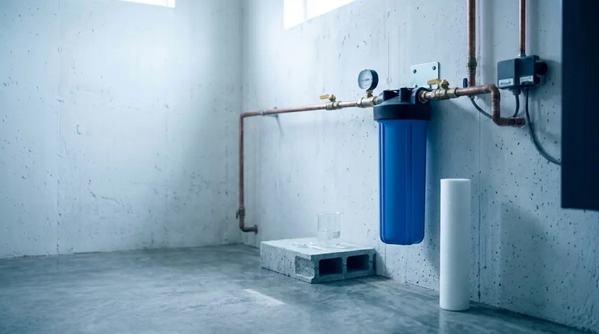 A large blue whole-house water filter housing installed at the main water line
