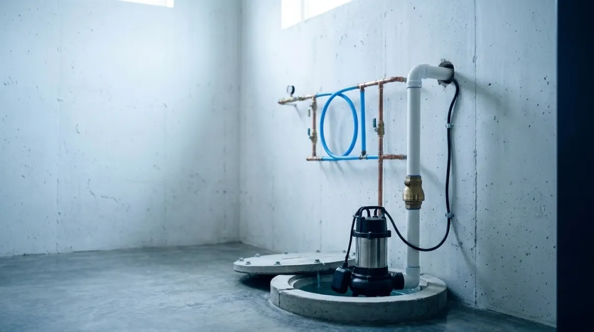 A sump pit with a submersible pump and PVC discharge pipe in a basement floor