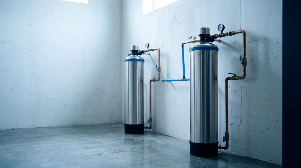 Two stainless steel whole-house filter tanks installed side by side in a home utility room