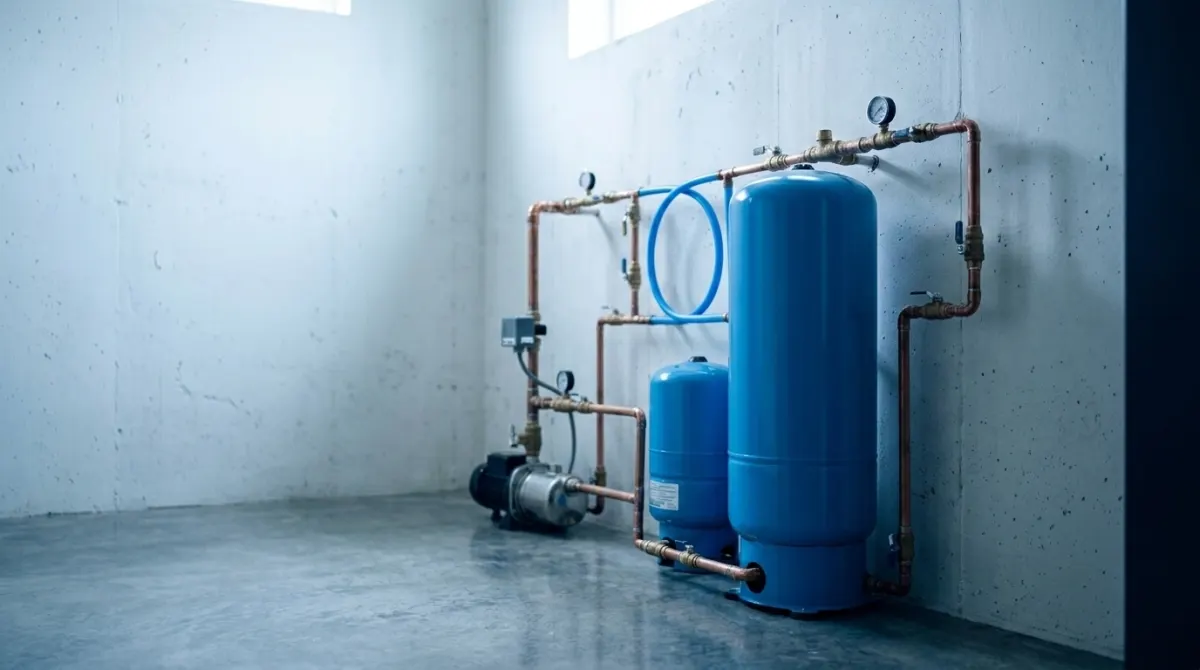 A blue well pressure tank and pump installed in a basement mechanical room