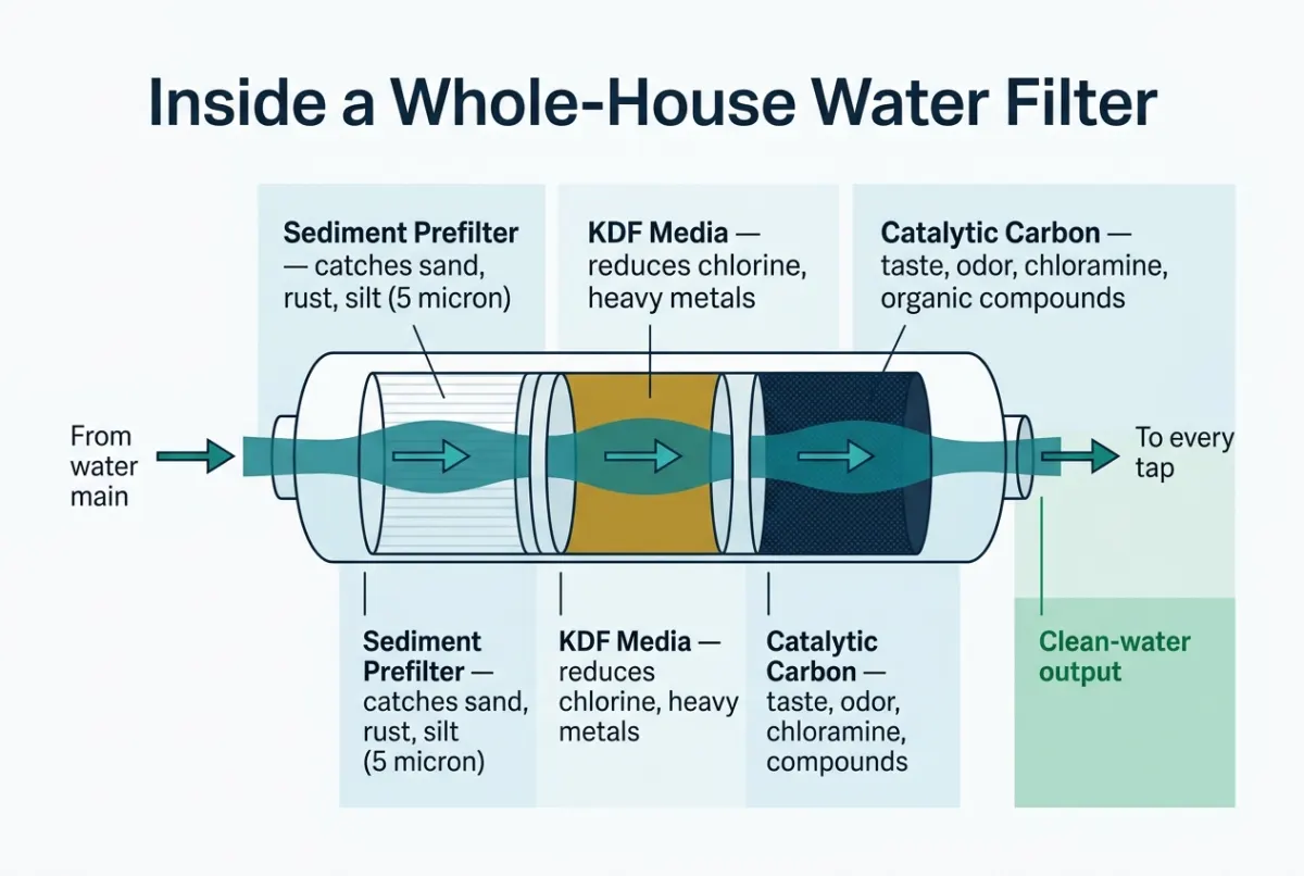 Stages of a whole-house water filtration system: sediment prefilter, KDF media, catalytic carbon